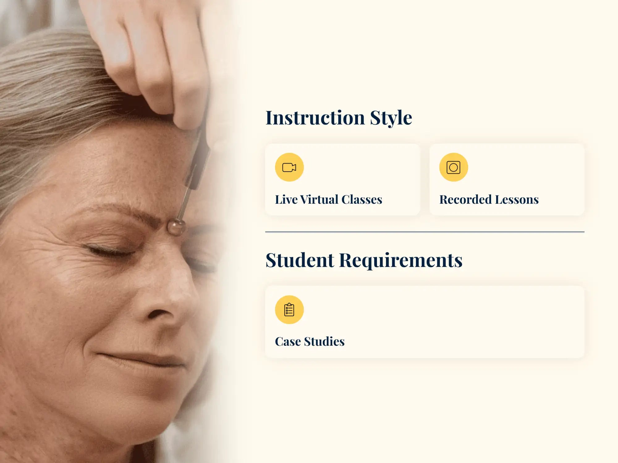 A woman with gray hair receiving a forehead treatment using a thin, metallic tool.