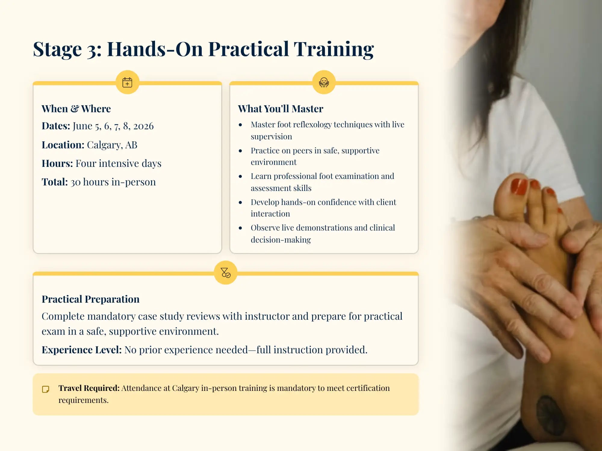 A woman in a white shirt gently holds and massages another person’s foot, showcasing the hands-on practical training for professional foot reflexology.