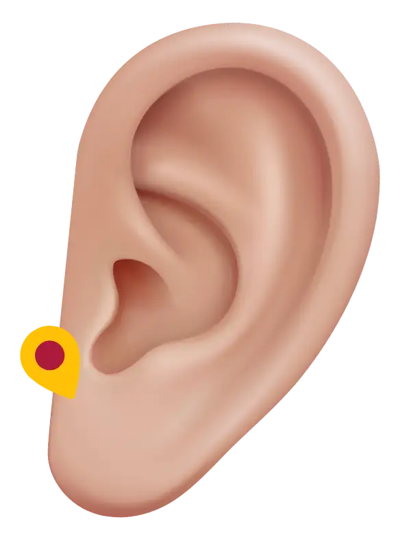 A yellow and red circular ear piercing with a small, shiny center.