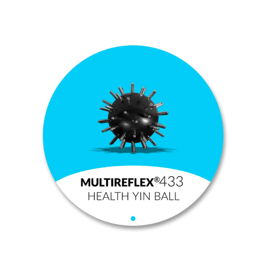 Multireflex 433 health yin ball: black spiky ball on blue background with white label
